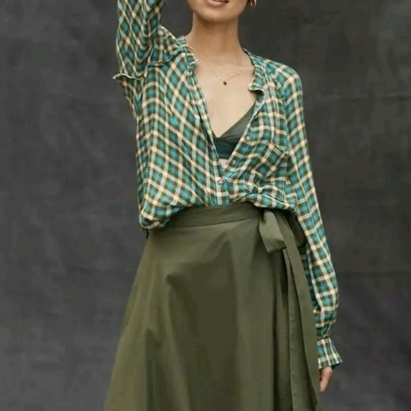Anthropologie Pilcro Breezy Olive Turquoise  Checkered Flannel Button Down Small - Picture 3 of 12